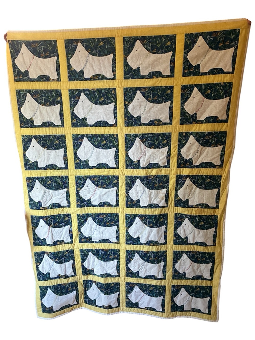 Handmade Quilt Scotty Dog Small Baby Child Blue Yellow Wall Hanging